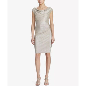 LAUREN RALPH LAUREN Plus Metallic Champagne Faux Wrap Cowl Neck Sheath Dress 16